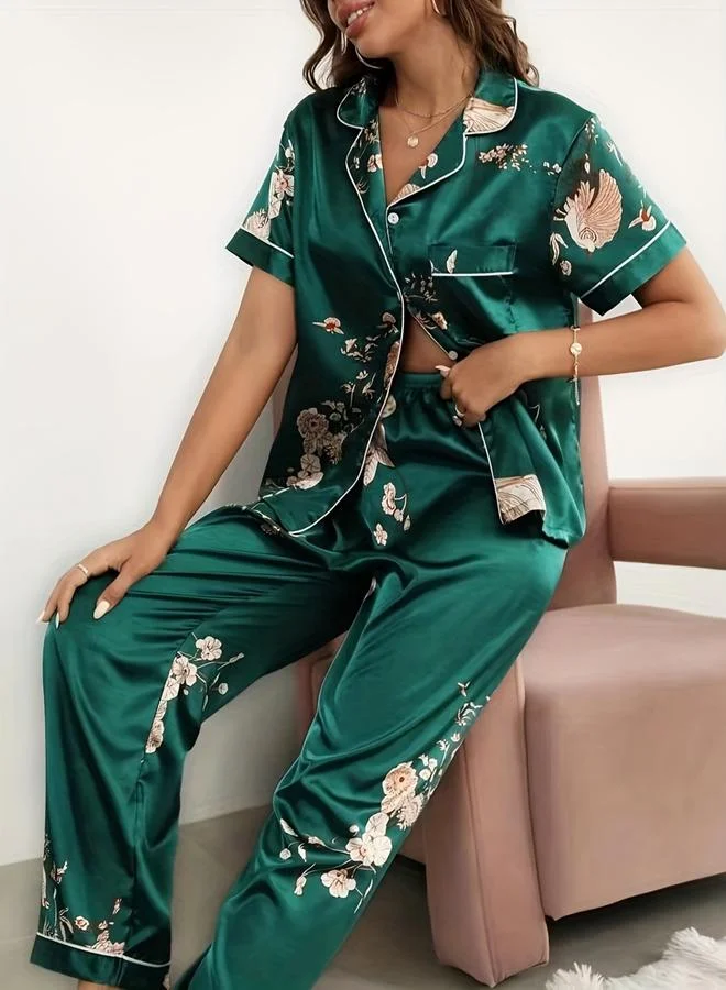 تايك تو طقم بلوزة بأكمام قصيرة وبنطال بيجاما بطبعة جرافيك للنساء